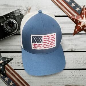 Columbia PFG American Flag Fish Mesh Back Trucker Hat Snapback Fishing Blue Red